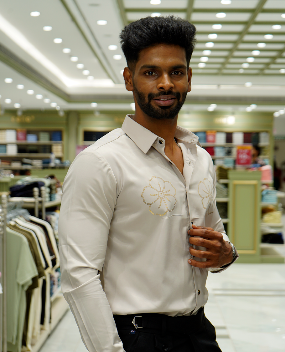 Cream Designer Party Wear Shirt Features Flower Work, a Spread Collar, Full Sleeves, a Slim Fit, and Regular Length