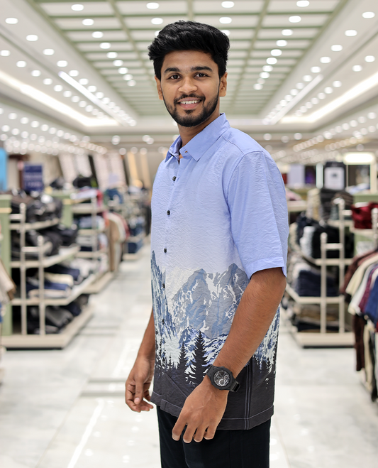 Blue Cotton-Blended Casual Shirt, Artfully Printed with Himalayan-Themed Snowfall Print, a Half-Sleeve, a Spread Collar, a Boxy Fit, and Regular Length