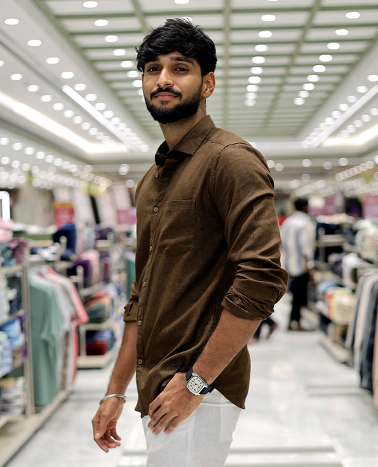 Brown Solid Linen-Blended Casual Shirt Features Full Sleeves, a Slim Fit, a Spread Collar, and a Regular Length