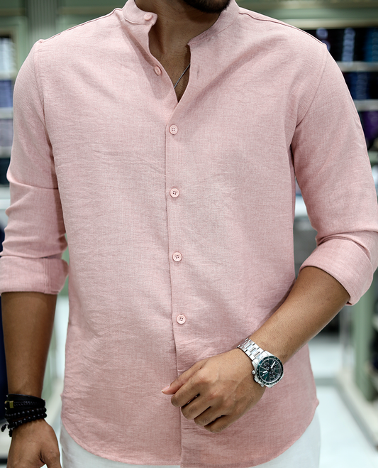 Pastel Pink Solid Cotton-Blended Casual Shirt Comes with Full Sleeves, a Mandarin Collar, a Regular Fit, and a Regular Length