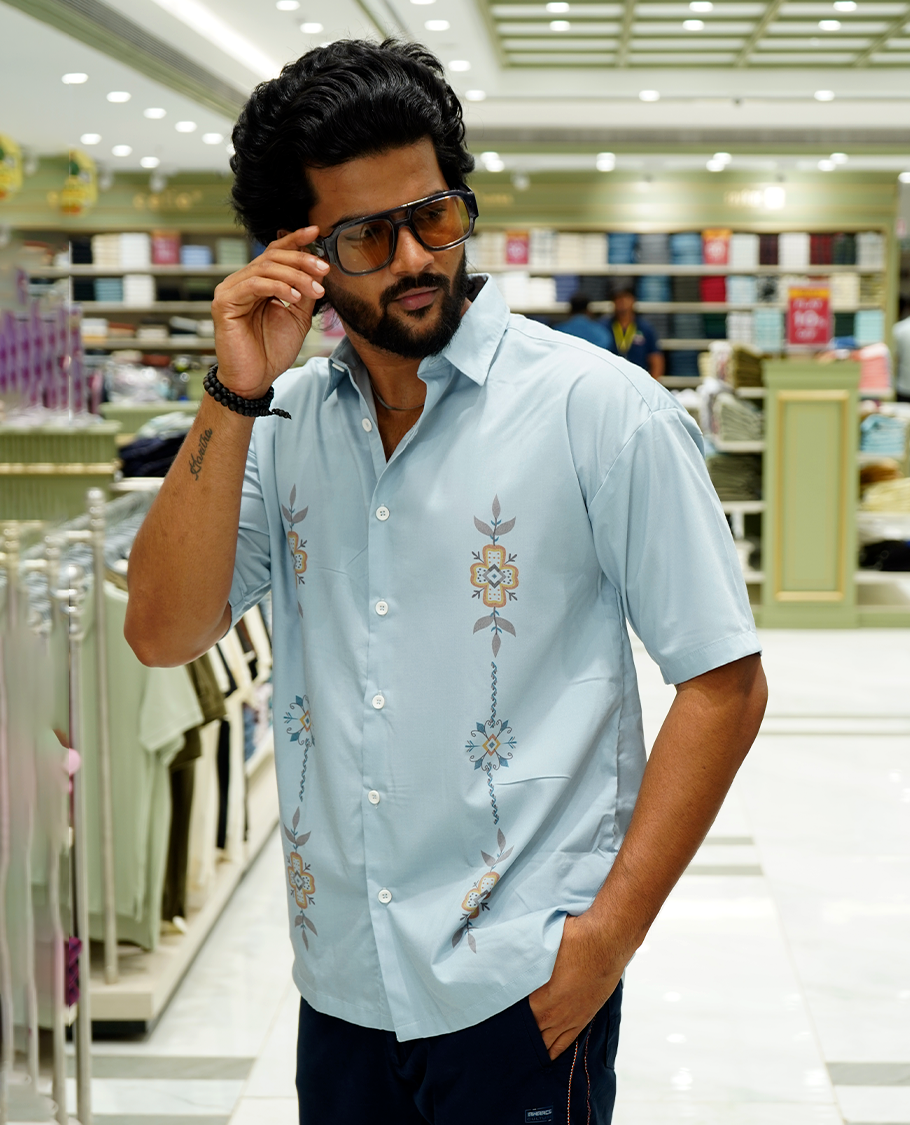 Blue Cotton-Blended Casual Shirt Features Floral Striped Print, Full Sleeves, a Spread Collar, a Slim Fit, and a Regular Length
