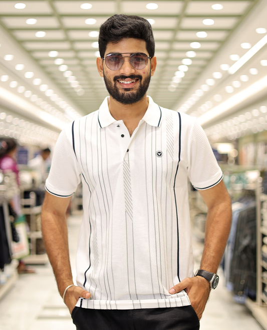 White Striped Cotton-Blended T-Shirt Comes with Half-Sleeves, a Polo Neck, a Slim Fit, and Regular Length