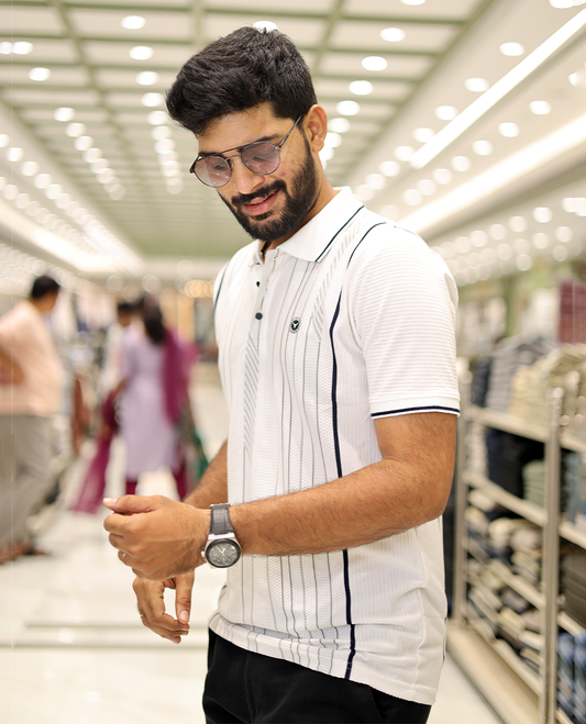 White Striped Cotton-Blended T-Shirt Comes with Half-Sleeves, a Polo Neck, a Slim Fit, and Regular Length