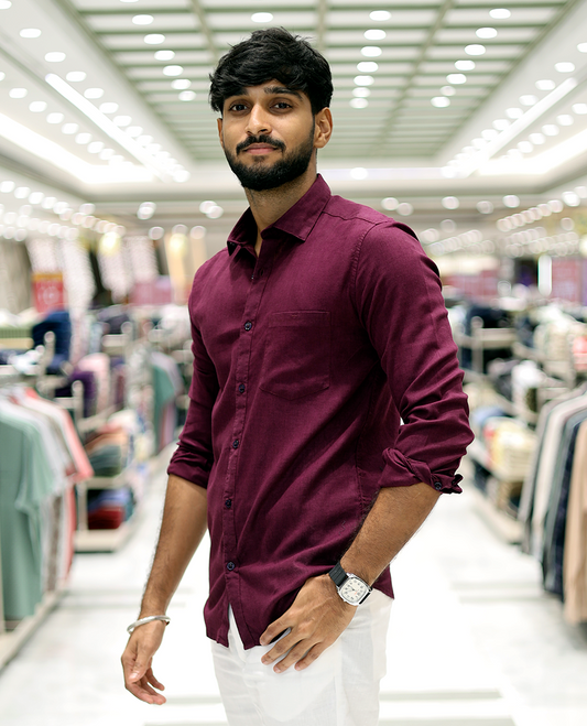 Maroon Solid Linen-Blended Casual Shirt Features Full Sleeves, a Slim Fit, a Spread Collar, and a Regular Length