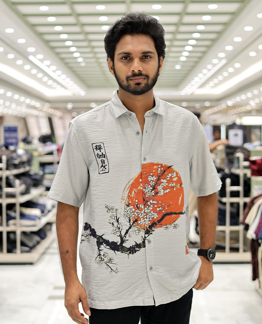 Grey Cotton-Blended Casual Shirt, Creatively Printed with Sun and Branches Print, a Half-Sleeve, a Spread Collar, a Boxy Fit, and Regular Length