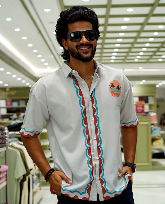 Grey Cotton-Blended Casual Shirt Features Geometric Print, Full Sleeves, a Spread Collar, a Slim Fit, and a Regular Length