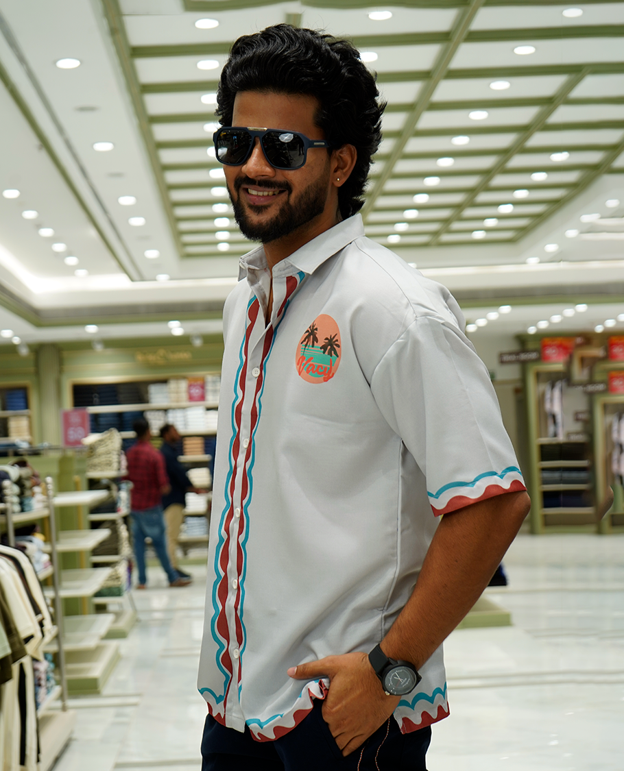 Grey Cotton-Blended Casual Shirt Features Geometric Print, Full Sleeves, a Spread Collar, a Slim Fit, and a Regular Length