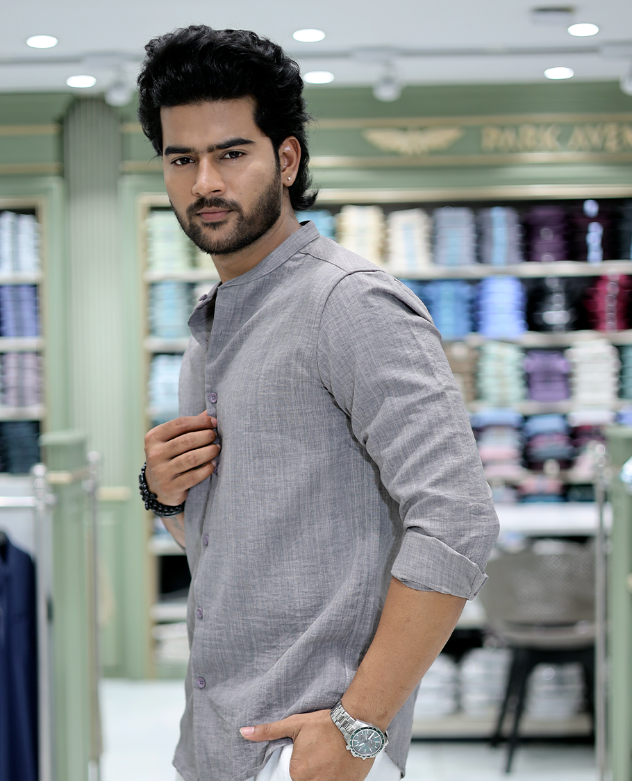 Grey Solid Cotton-Blended Casual Shirt Comes with Full Sleeves, a Mandarin Collar, a Regular Fit, and a Regular Length