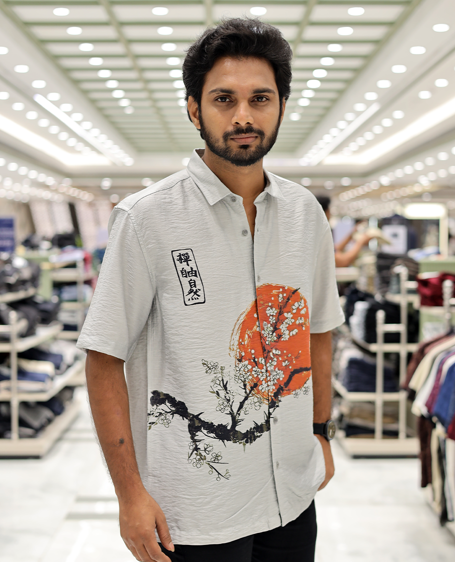 Grey Cotton-Blended Casual Shirt, Creatively Printed with Sun and Branches Print, a Half-Sleeve, a Spread Collar, a Boxy Fit, and Regular Length