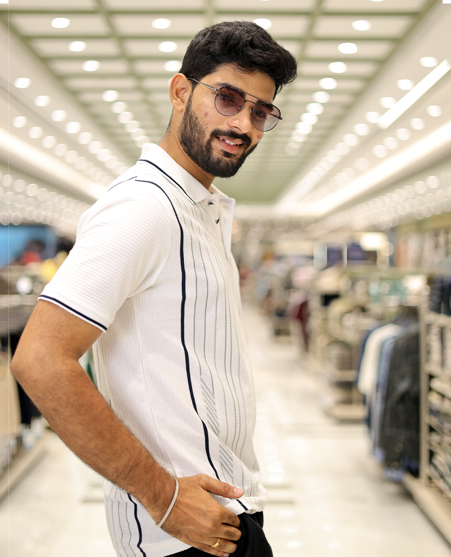 White Striped Cotton-Blended T-Shirt Comes with Half-Sleeves, a Polo Neck, a Slim Fit, and Regular Length