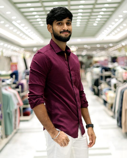 Maroon Solid Linen-Blended Casual Shirt Features Full Sleeves, a Slim Fit, a Spread Collar, and a Regular Length