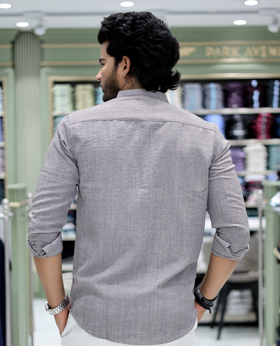 Grey Solid Cotton-Blended Casual Shirt Comes with Full Sleeves, a Mandarin Collar, a Regular Fit, and a Regular Length