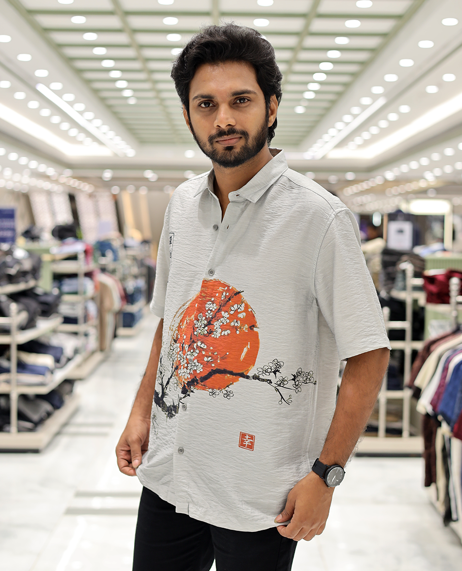 Grey Cotton-Blended Casual Shirt, Creatively Printed with Sun and Branches Print, a Half-Sleeve, a Spread Collar, a Boxy Fit, and Regular Length