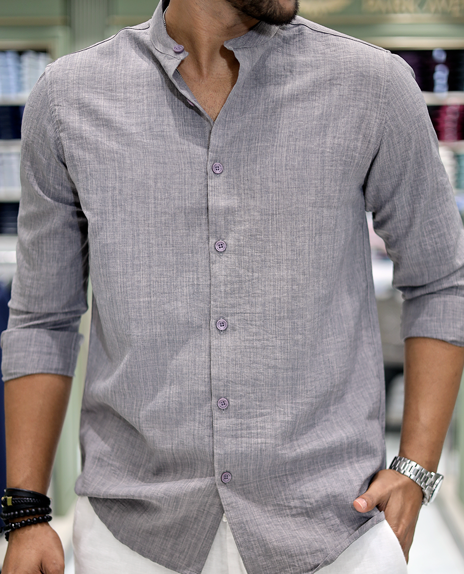 Grey Solid Cotton-Blended Casual Shirt Comes with Full Sleeves, a Mandarin Collar, a Regular Fit, and a Regular Length