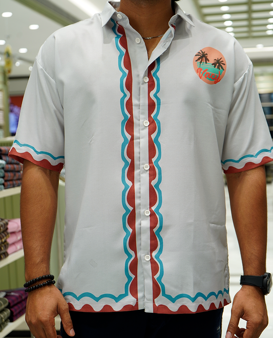 Grey Cotton-Blended Casual Shirt Features Geometric Print, Full Sleeves, a Spread Collar, a Slim Fit, and a Regular Length