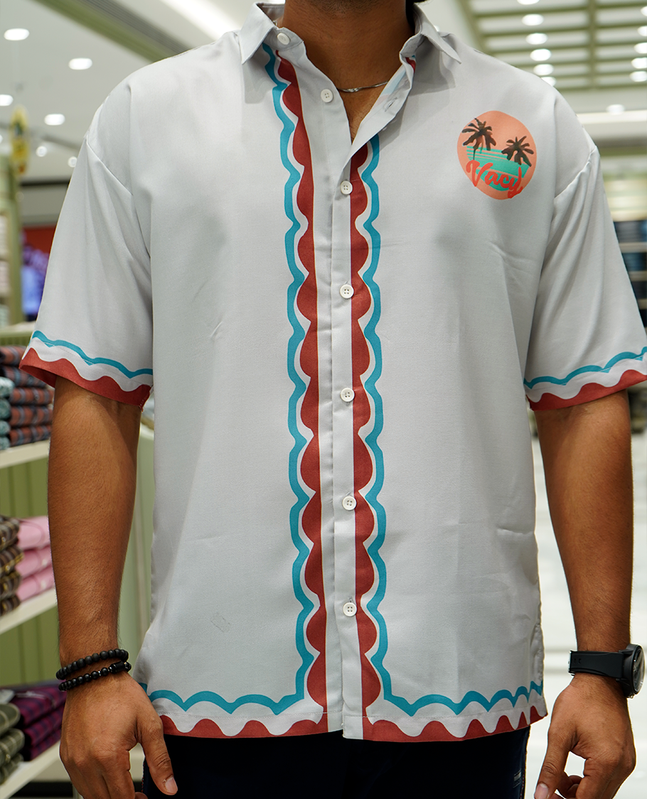 Grey Cotton-Blended Casual Shirt Features Geometric Print, Full Sleeves, a Spread Collar, a Slim Fit, and a Regular Length