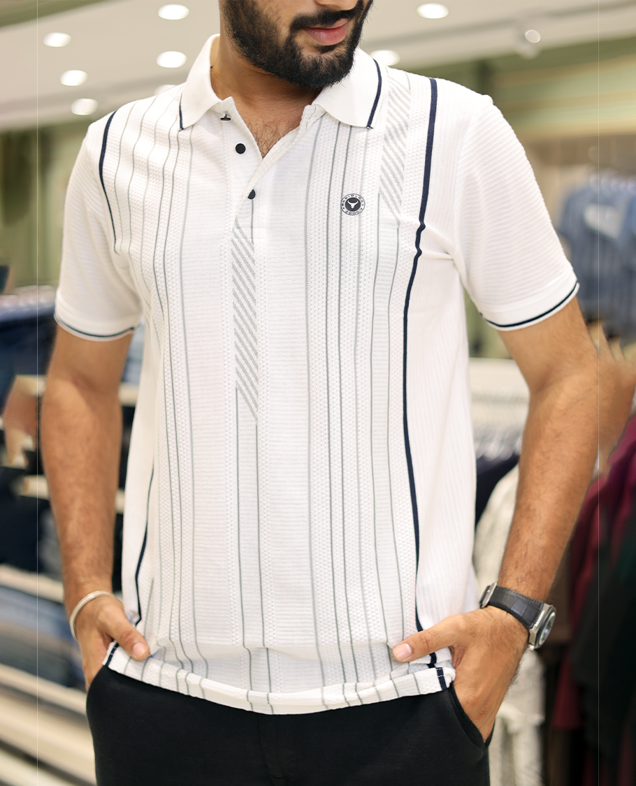 White Striped Cotton-Blended T-Shirt Comes with Half-Sleeves, a Polo Neck, a Slim Fit, and Regular Length