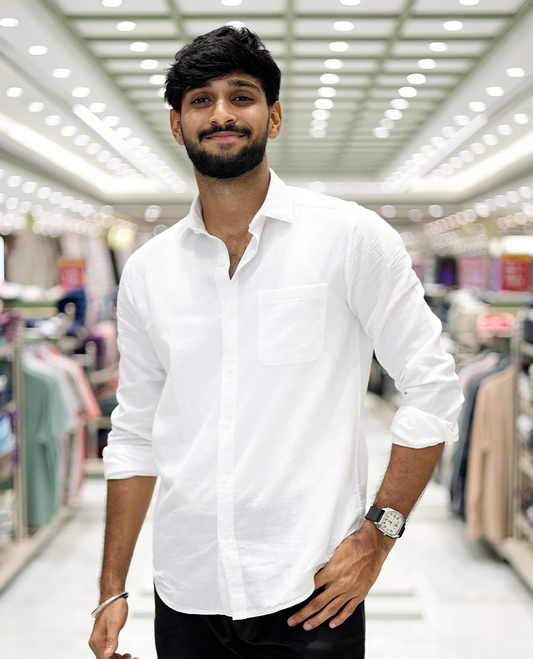 White Solid Linen-Blended Casual Shirt Features Full Sleeves, a Slim Fit, a Spread Collar, and a Regular Length