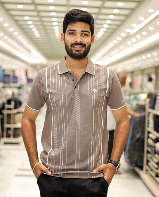 Brown Striped Cotton-Blended T-Shirt Comes with Half-Sleeves, a Polo Neck, a Slim Fit, and Regular Length