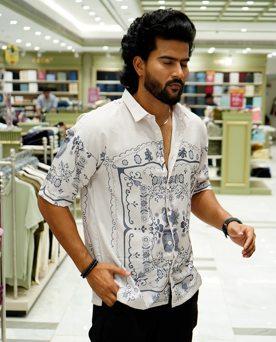 Grey Cotton-Blended Casual Shirt Features Intricate Print, Full Sleeves, a Spread Collar, a Slim Fit, and a Regular Length