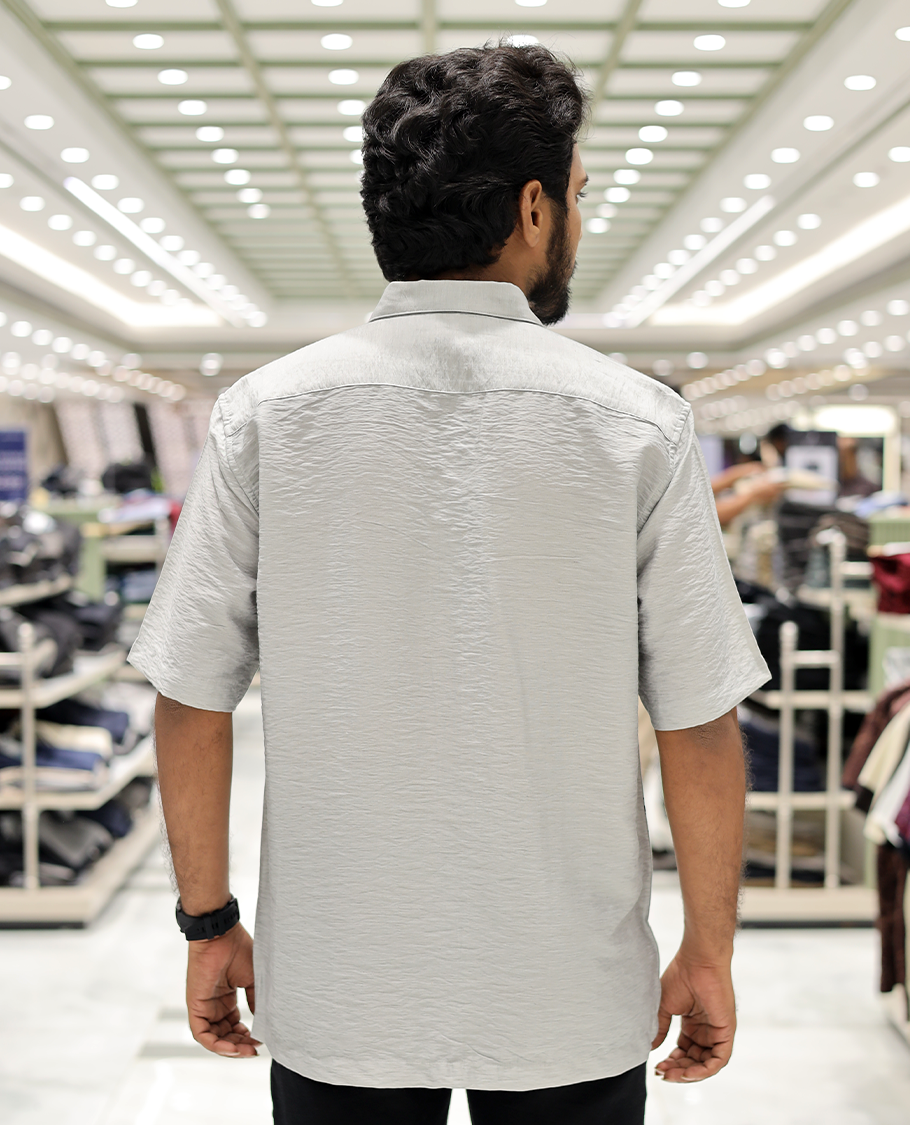 Grey Cotton-Blended Casual Shirt, Creatively Printed with Sun and Branches Print, a Half-Sleeve, a Spread Collar, a Boxy Fit, and Regular Length