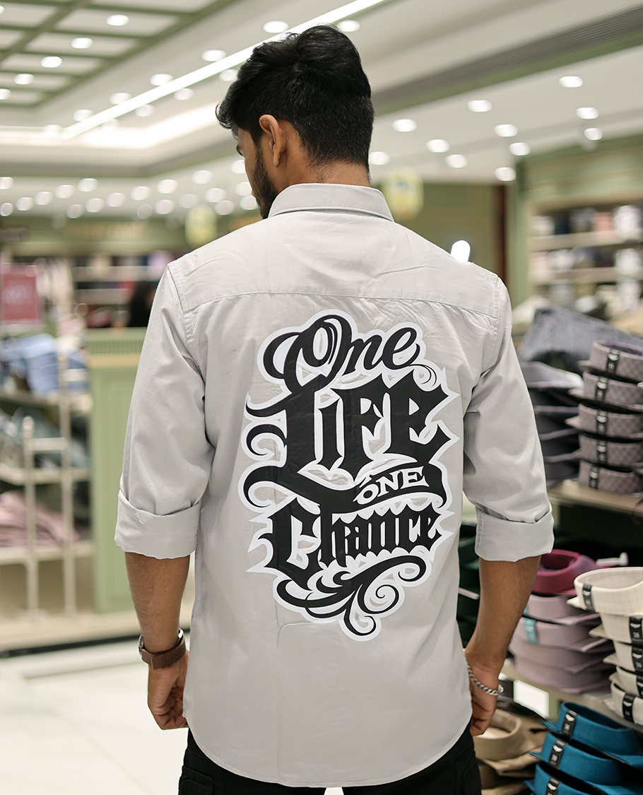 Light Grey Cotton-Blended Casual Shirt Features Life-Quotes Backprint, Full-Sleeves, a Spread Collar, a Regular Fit, and a Regular Length