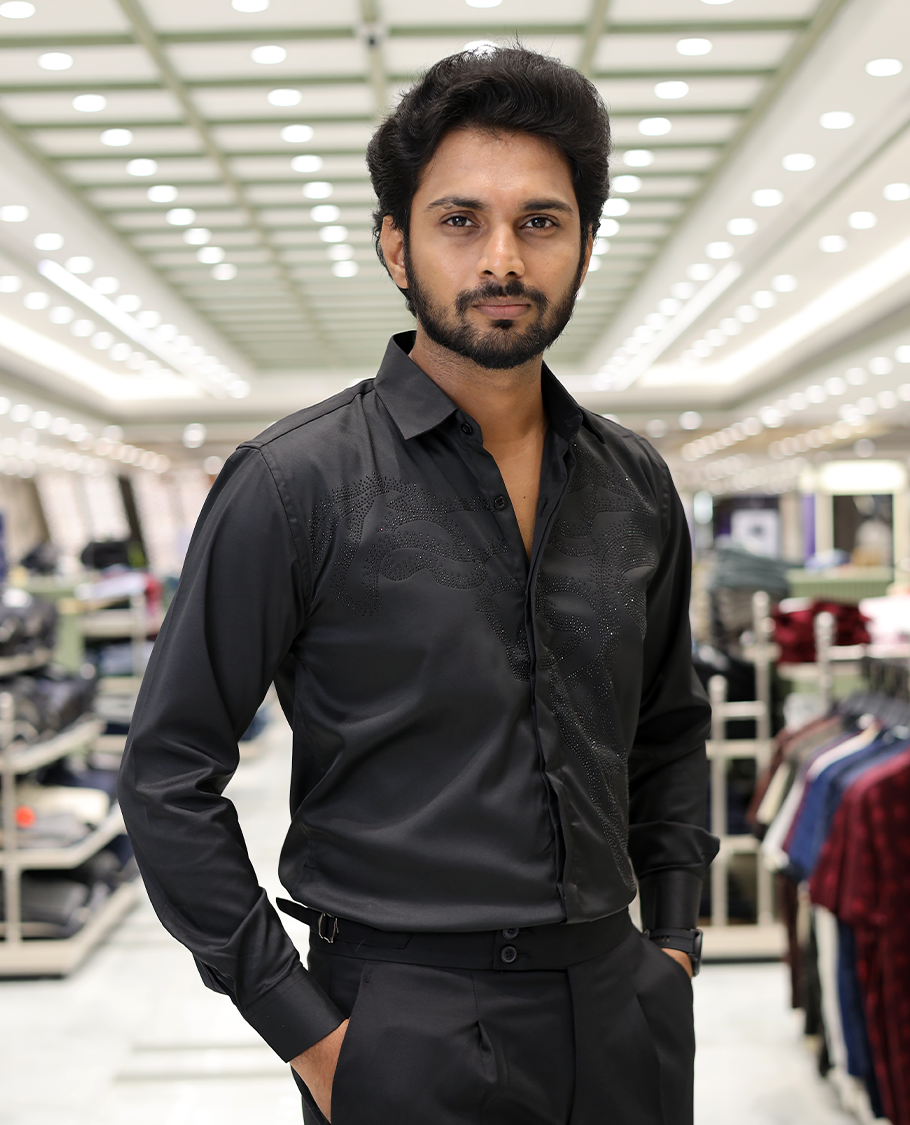 Black Poly-Blended Party Wear Shirt, Features Vines-Themed Stone Work, Full Sleeves, a Spread Collar, Slim Fit, and Regular Length 
