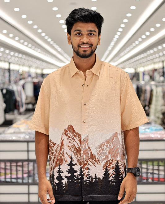 Pink Cotton-Blended Casual Shirt, Artfully Printed with Himalayan-Themed Snowfall Print, a Half-Sleeve, a Spread Collar, a Boxy Fit, and Regular Length