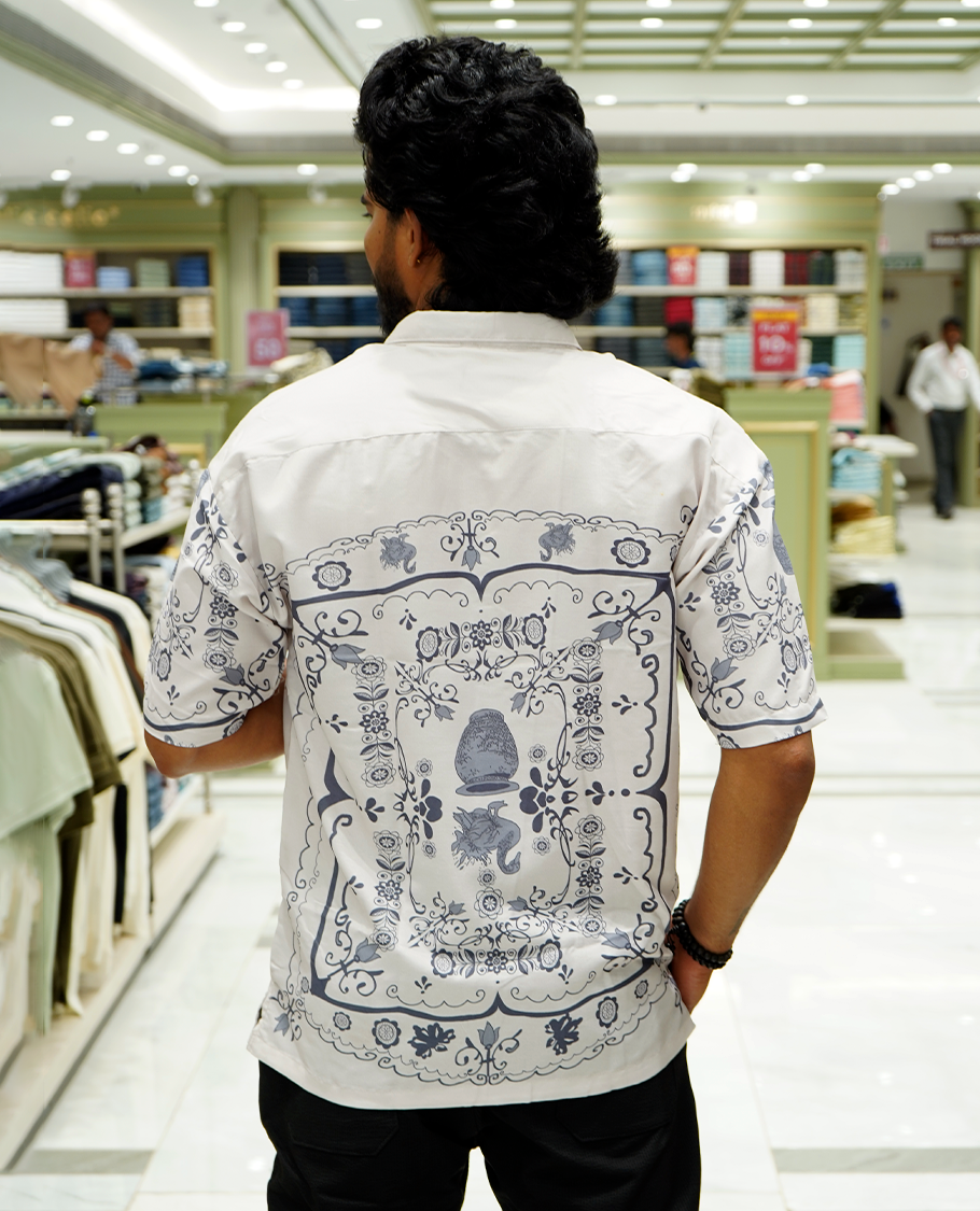 Grey Cotton-Blended Casual Shirt Features Intricate Print, Full Sleeves, a Spread Collar, a Slim Fit, and a Regular Length