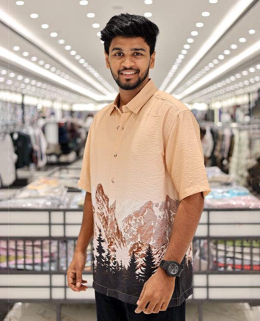 Pink Cotton-Blended Casual Shirt, Artfully Printed with Himalayan-Themed Snowfall Print, a Half-Sleeve, a Spread Collar, a Boxy Fit, and Regular Length