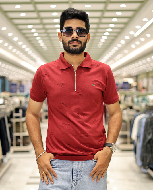 Red Textured Cotton-Blended Laser-Cut T-Shirt Comes with Half-Sleeves, a Polo Neck, a Slim Fit, and Regular Length