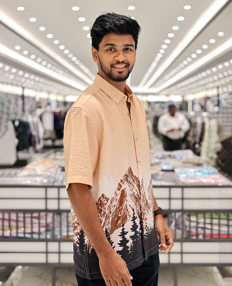 Pink Cotton-Blended Casual Shirt, Artfully Printed with Himalayan-Themed Snowfall Print, a Half-Sleeve, a Spread Collar, a Boxy Fit, and Regular Length
