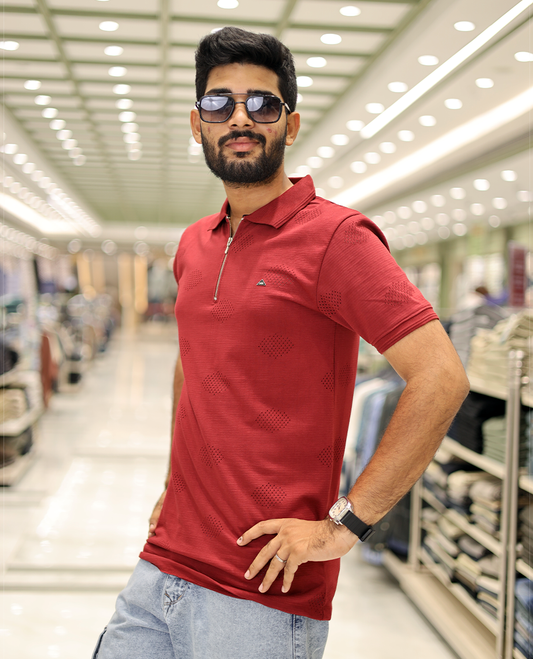 Red Textured Cotton-Blended Laser-Cut T-Shirt Comes with Half-Sleeves, a Polo Neck, a Slim Fit, and Regular Length
