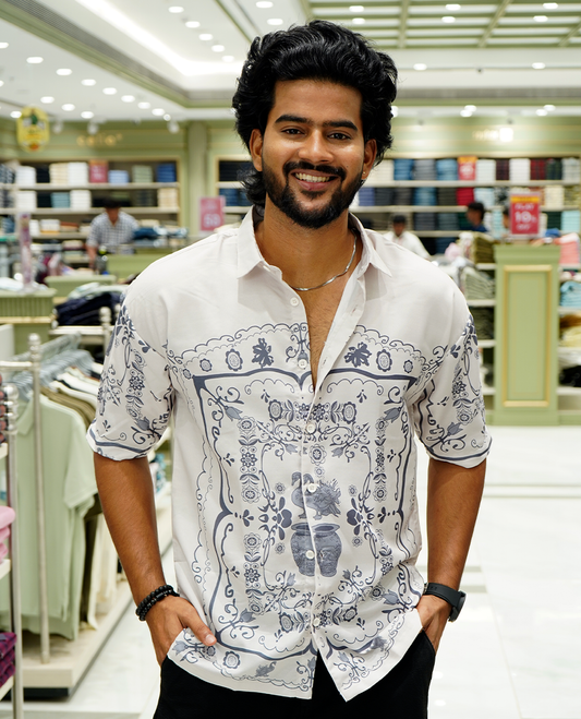 Grey Cotton-Blended Casual Shirt Features Intricate Print, Full Sleeves, a Spread Collar, a Slim Fit, and a Regular Length