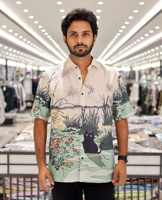 Multi-color Cotton-Blended Casual Shirt, Creatively Printed with Cat and Scenery Print, a Half-Sleeve, a Spread Collar, a Boxy Fit, and Regular Length