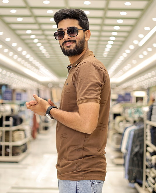 Brown Textured Cotton-Blended Laser-Cut T-Shirt Comes with Half-Sleeves, a Polo Neck, a Slim Fit, and Regular Length