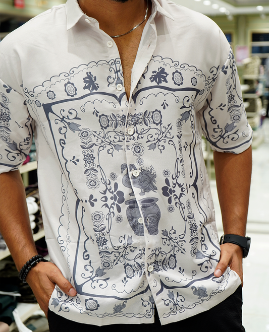Grey Cotton-Blended Casual Shirt Features Intricate Print, Full Sleeves, a Spread Collar, a Slim Fit, and a Regular Length