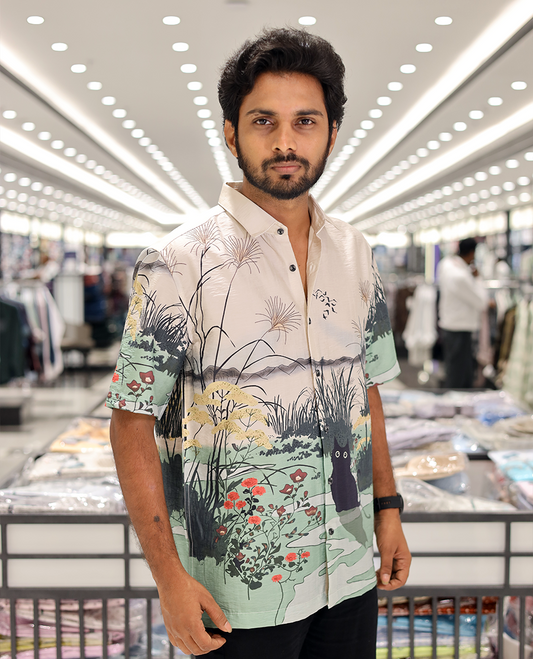 Multi-color Cotton-Blended Casual Shirt, Creatively Printed with Cat and Scenery Print, a Half-Sleeve, a Spread Collar, a Boxy Fit, and Regular Length