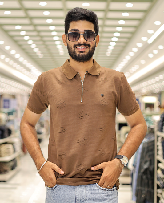 Brown Textured Cotton-Blended Laser-Cut T-Shirt Comes with Half-Sleeves, a Polo Neck, a Slim Fit, and Regular Length