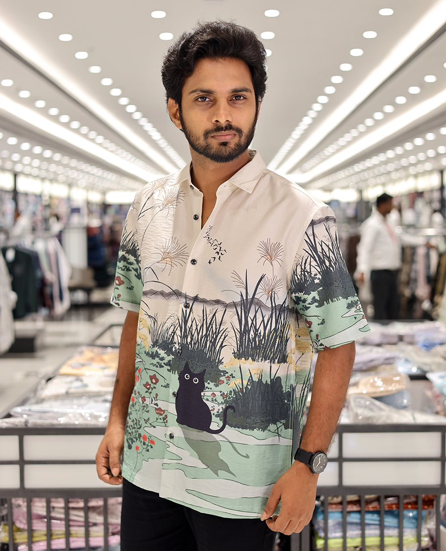 Multi-color Cotton-Blended Casual Shirt, Creatively Printed with Cat and Scenery Print, a Half-Sleeve, a Spread Collar, a Boxy Fit, and Regular Length