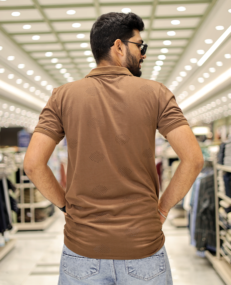 Brown Textured Cotton-Blended Laser-Cut T-Shirt Comes with Half-Sleeves, a Polo Neck, a Slim Fit, and Regular Length