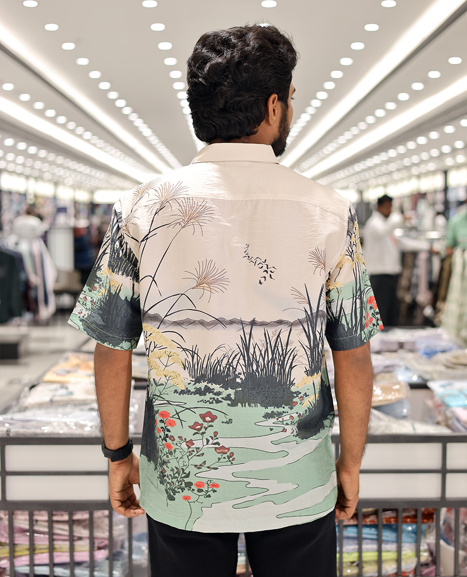 Multi-color Cotton-Blended Casual Shirt, Creatively Printed with Cat and Scenery Print, a Half-Sleeve, a Spread Collar, a Boxy Fit, and Regular Length