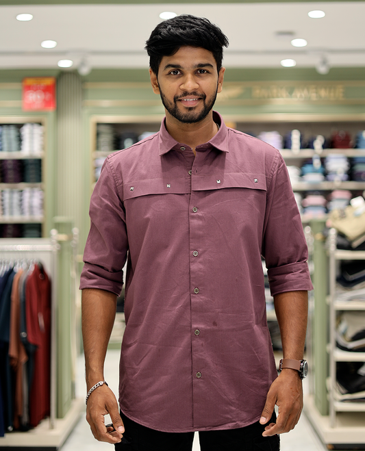 Mauve Cotton-Blended Casual Shirt Features Life-Quotes Backprint, Full-Sleeves, a Spread Collar, a Regular Fit, and a Regular Length