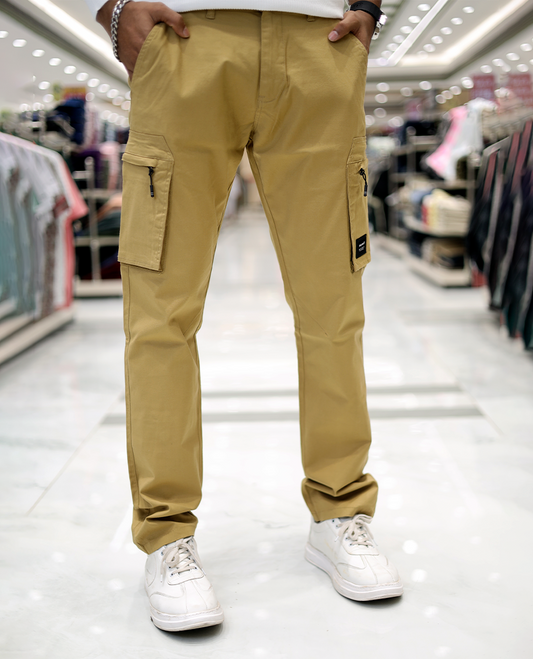 Beige Plain Cotton-Blended Cargo Trousers Come with a Regular Fit, Belt Loops, and Regular Length