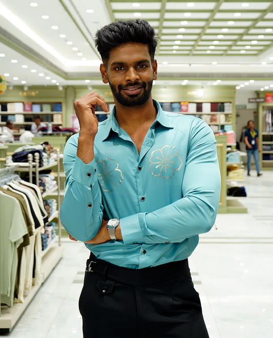 Teal Designer Party Wear Shirt Features Flower Work, a Spread Collar, Full Sleeves, a Slim Fit, and Regular Length