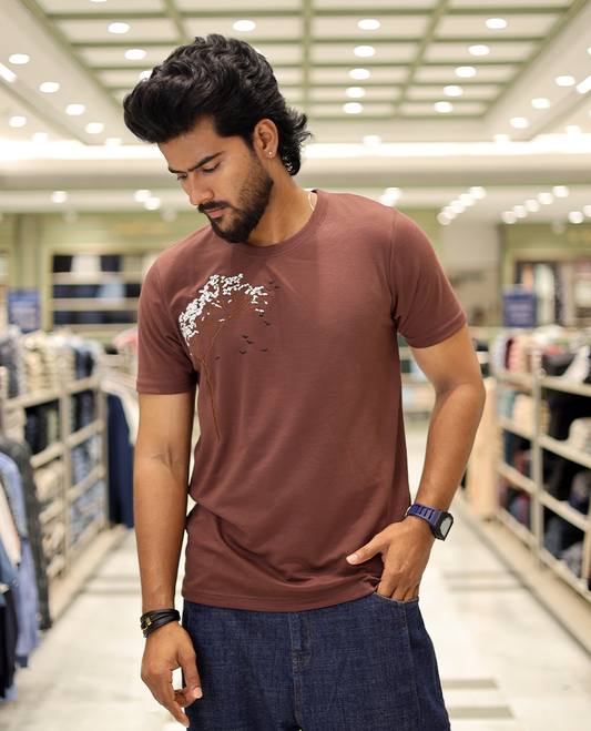 Maroon Cotton-Blended T-Shirt Comes with Tree-Bird Motifs Embroidery, Half-Sleeves, a Crew Neck, a Slim Fit, and Regular Length