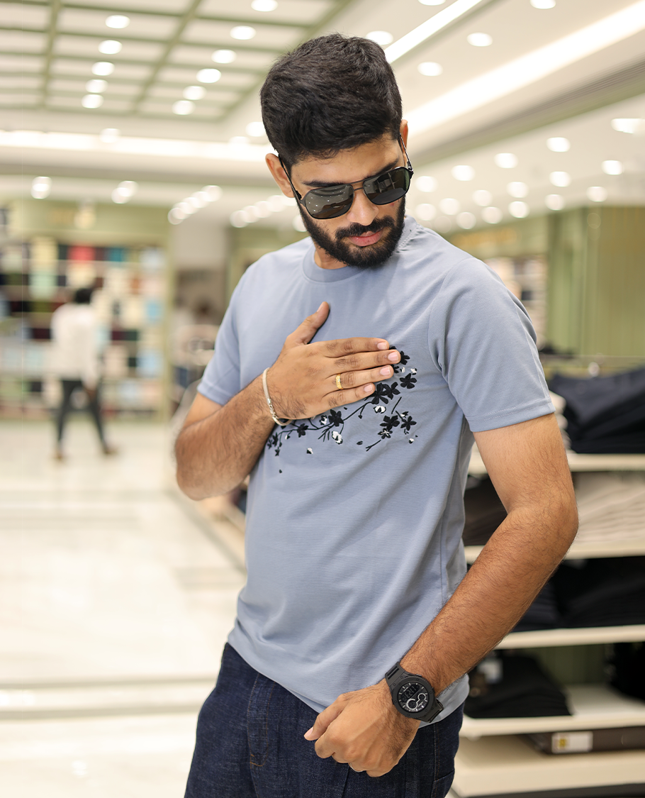 Airforce Blue Cotton-Blended T-Shirt Comes with Floral Embroidered Motifs, Half-Sleeves, a Crew Neck, a Slim Fit, and Regular Length