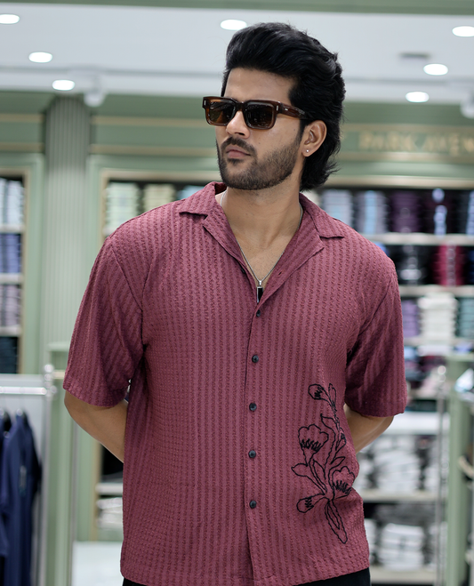 Red Cotton-Blended Casual Shirt Features Floral Embroidery, Half Sleeves, a Cuban Collar, a Boxy Fit, and a Regular Length