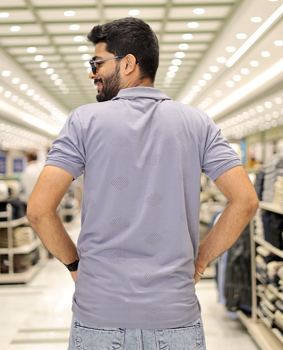 Grey Textured Cotton-Blended Laser-Cut T-Shirt Comes with Half-Sleeves, a Polo Neck, a Slim Fit, and Regular Length