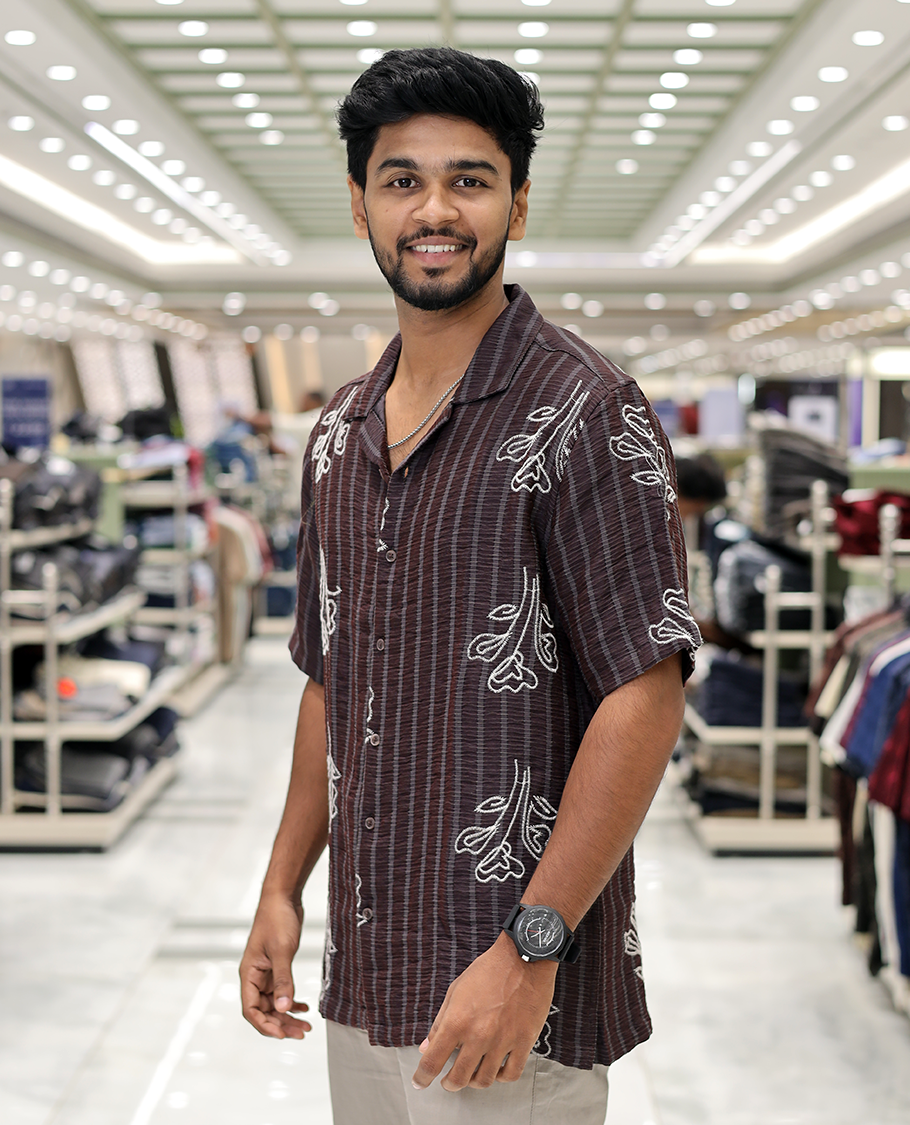 Maroon Cotton-Blended Casual Shirt, Delicately Woven with Stripes-Floral Motifs Embroidery, a Half-Sleeve, a Cuban Collar, a Boxy Fit, and Regular Length